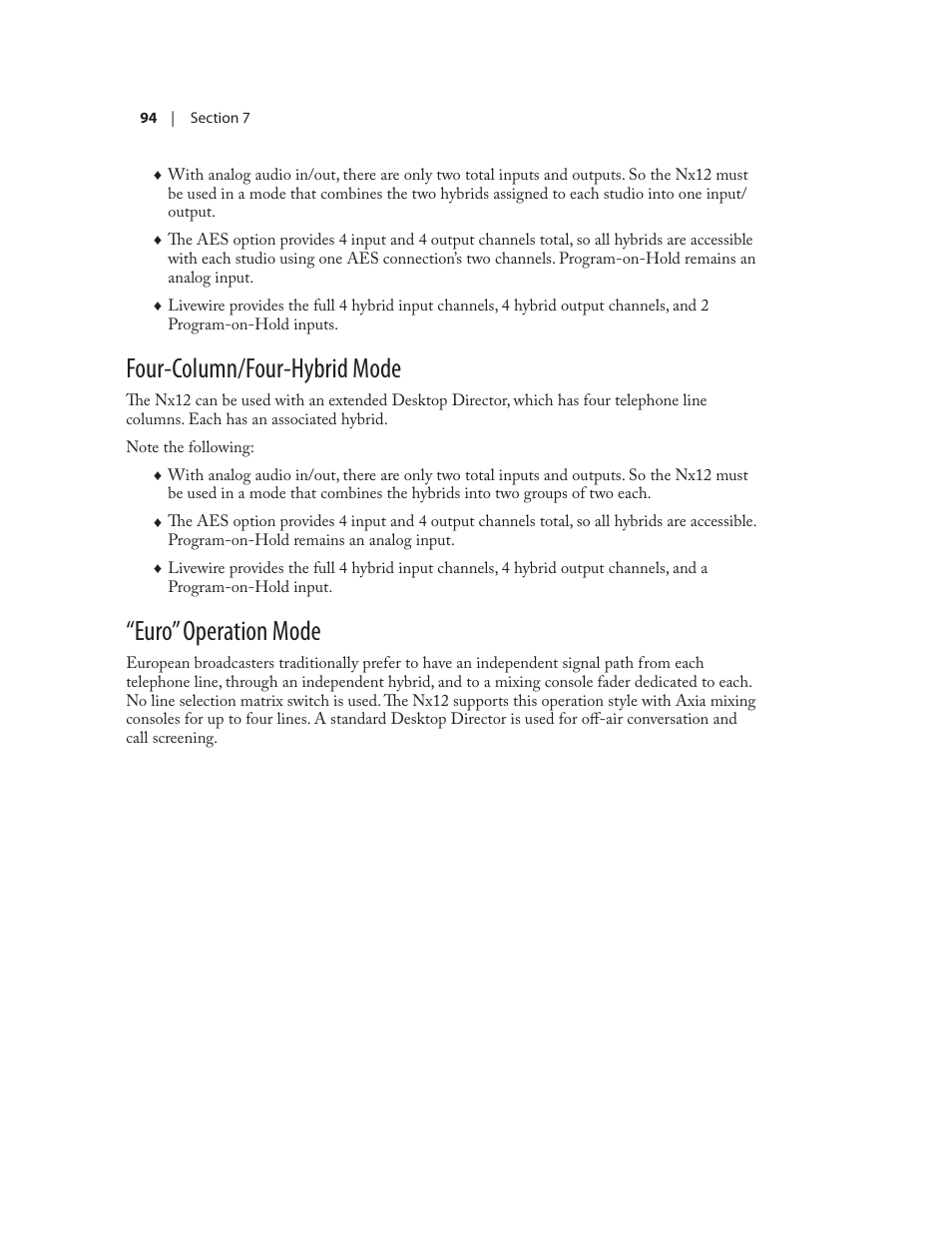 Four-column/four-hybrid mode, Euro” operation mode | Telos NX12 User Manual | Page 104 / 133