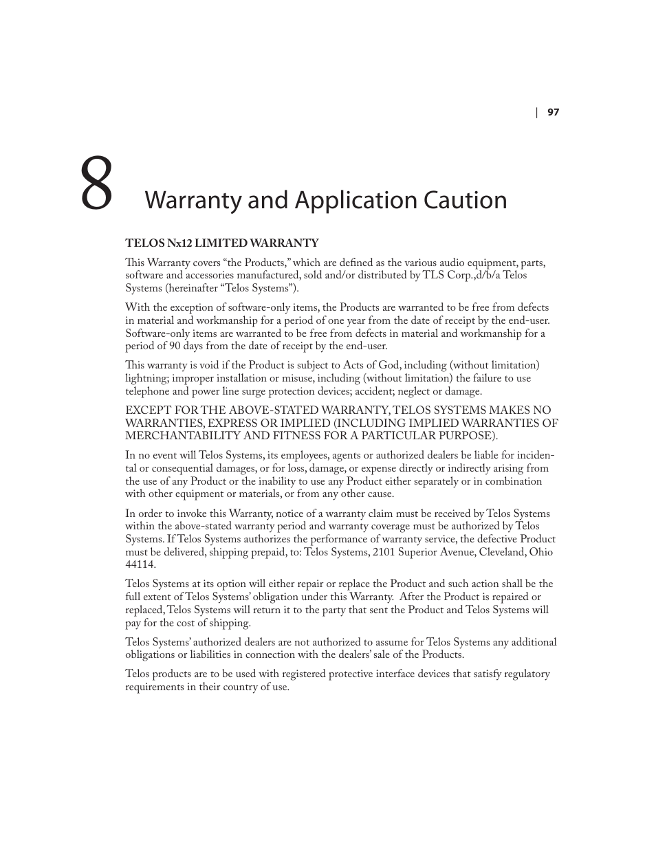 Warranty and application caution | Telos NX12 User Manual | Page 107 / 133