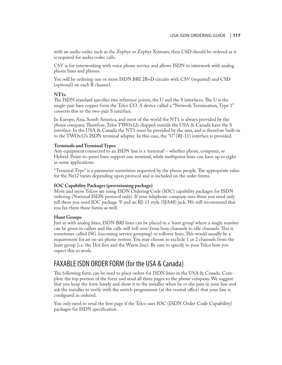 Faxable isdn order form (for the usa & canada) | Telos NX12 User Manual | Page 127 / 133