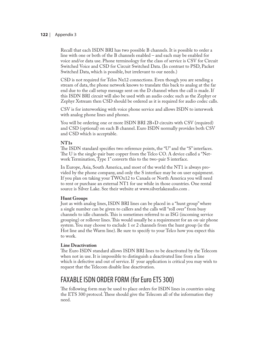 Faxable isdn order form (for euro ets 300) | Telos NX12 User Manual | Page 132 / 133