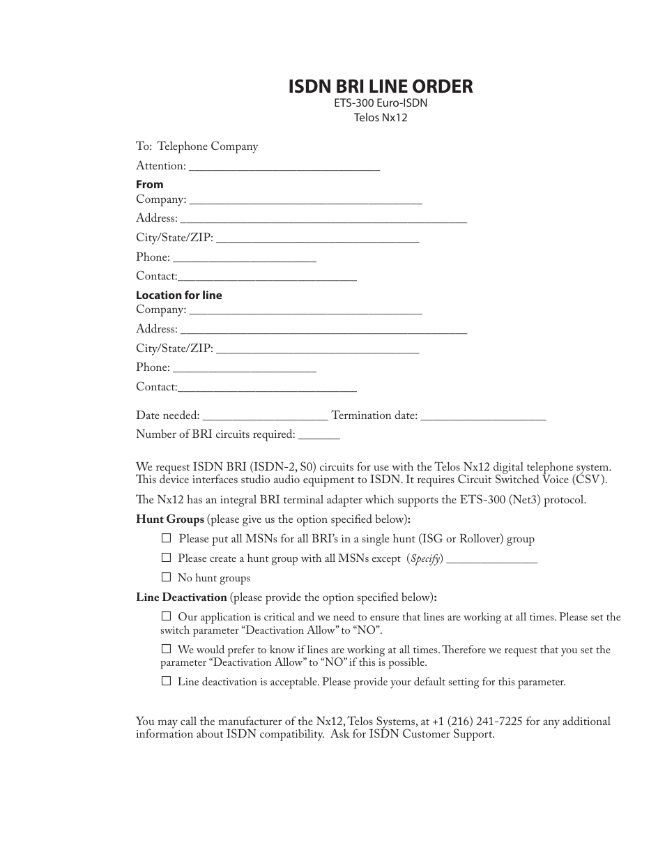 Isdn bri line order | Telos NX12 User Manual | Page 133 / 133