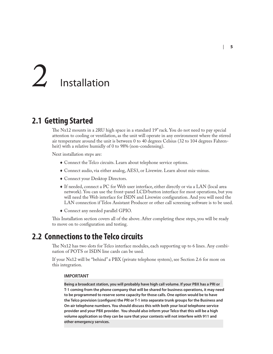 Installation, 1 getting started, 2 connections to the telco circuits | Telos NX12 User Manual | Page 15 / 133
