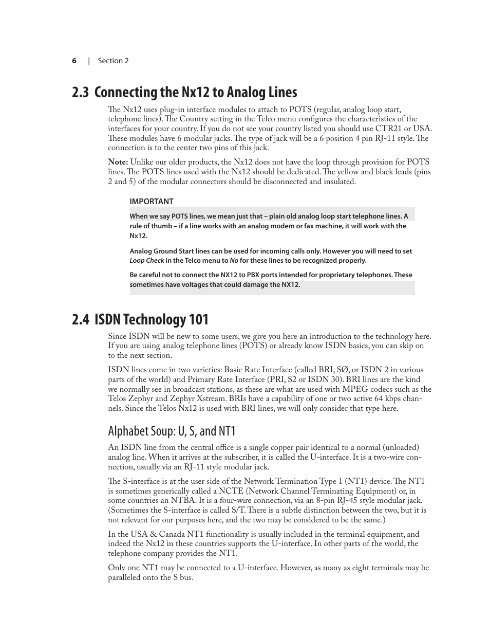 3 connecting the nx12 to analog lines, 4 isdn technology 101, Alphabet soup: u, s, and nt1 | Telos NX12 User Manual | Page 16 / 133