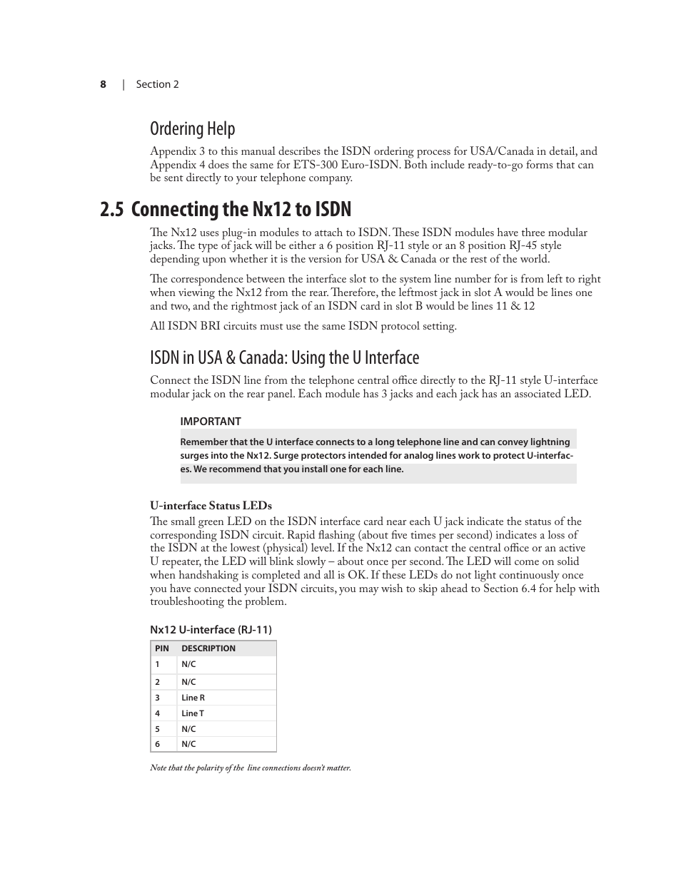 5 connecting the nx12 to isdn, Ordering help, Isdn in usa & canada: using the u interface | Telos NX12 User Manual | Page 18 / 133