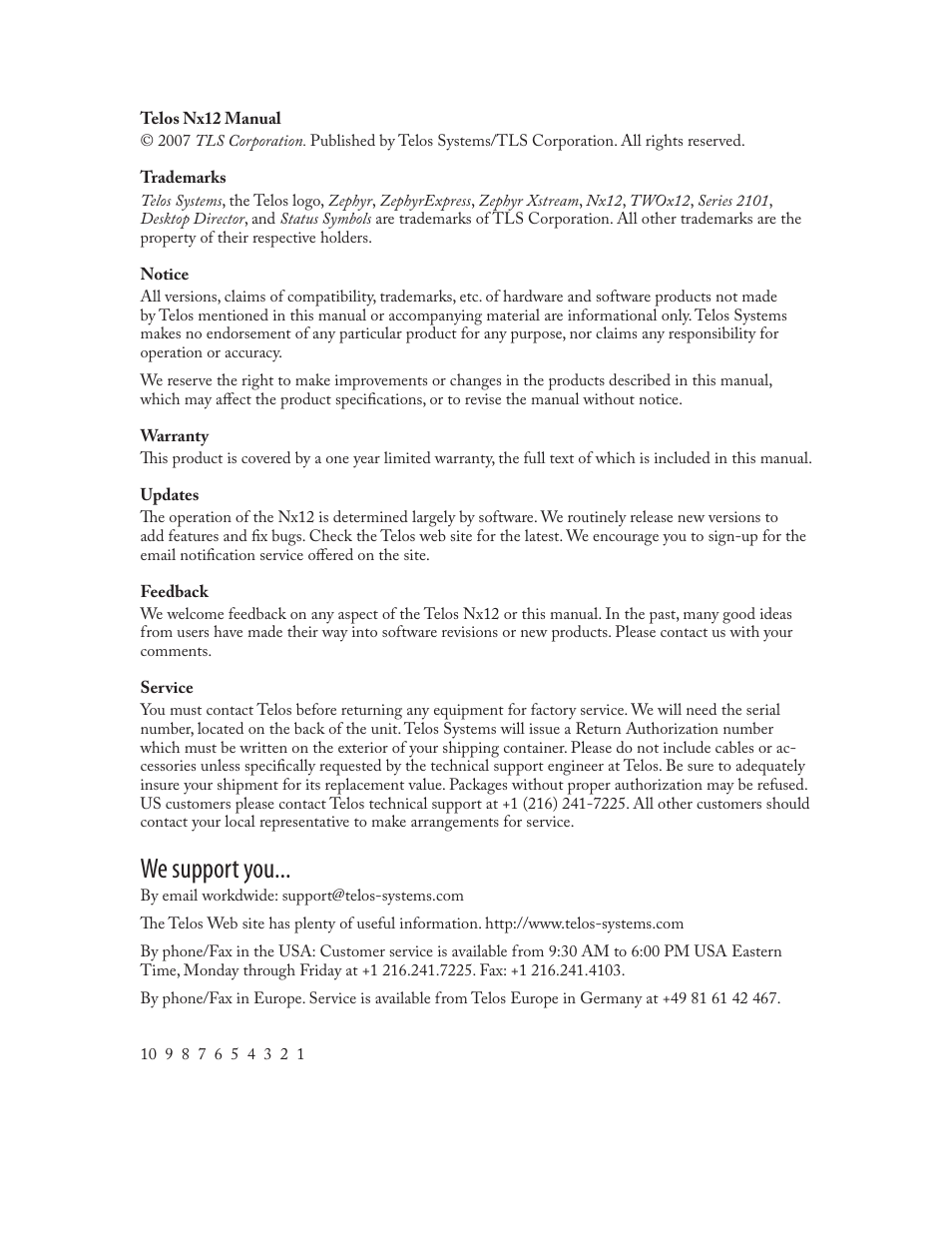 We support you | Telos NX12 User Manual | Page 2 / 133
