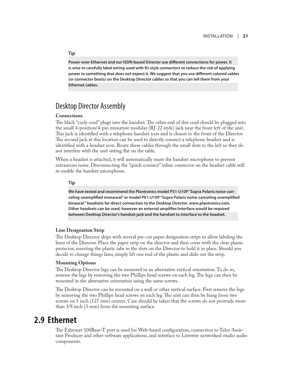 9 ethernet, Desktop director assembly | Telos NX12 User Manual | Page 31 / 133