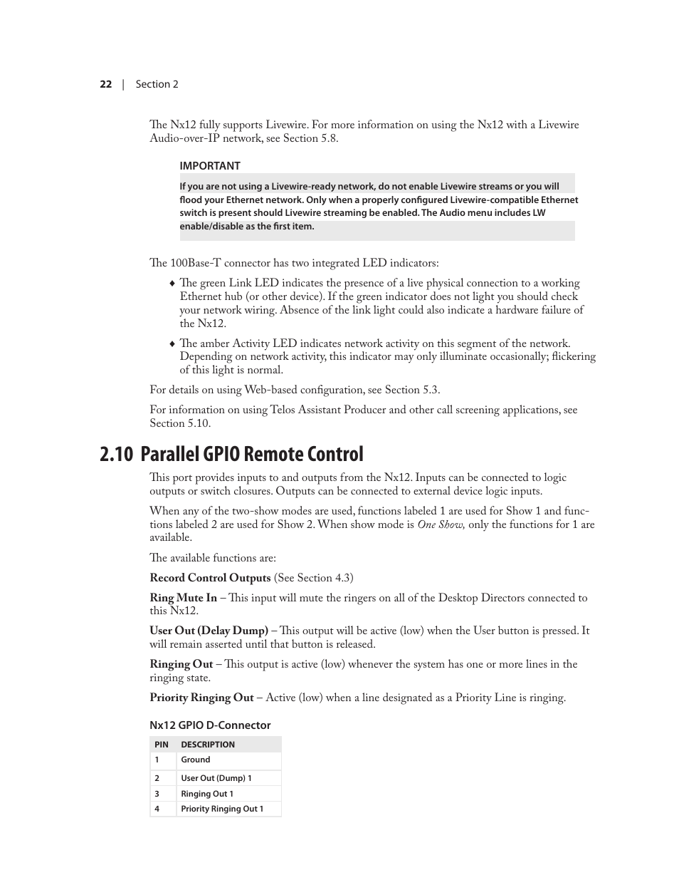 10 parallel gpio remote control | Telos NX12 User Manual | Page 32 / 133