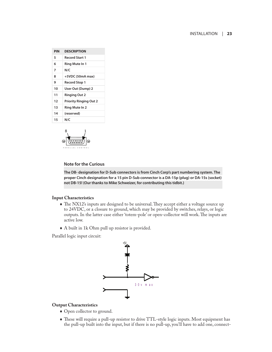 Parallel logic input circuit, Output characteristics open collector to ground | Telos NX12 User Manual | Page 33 / 133