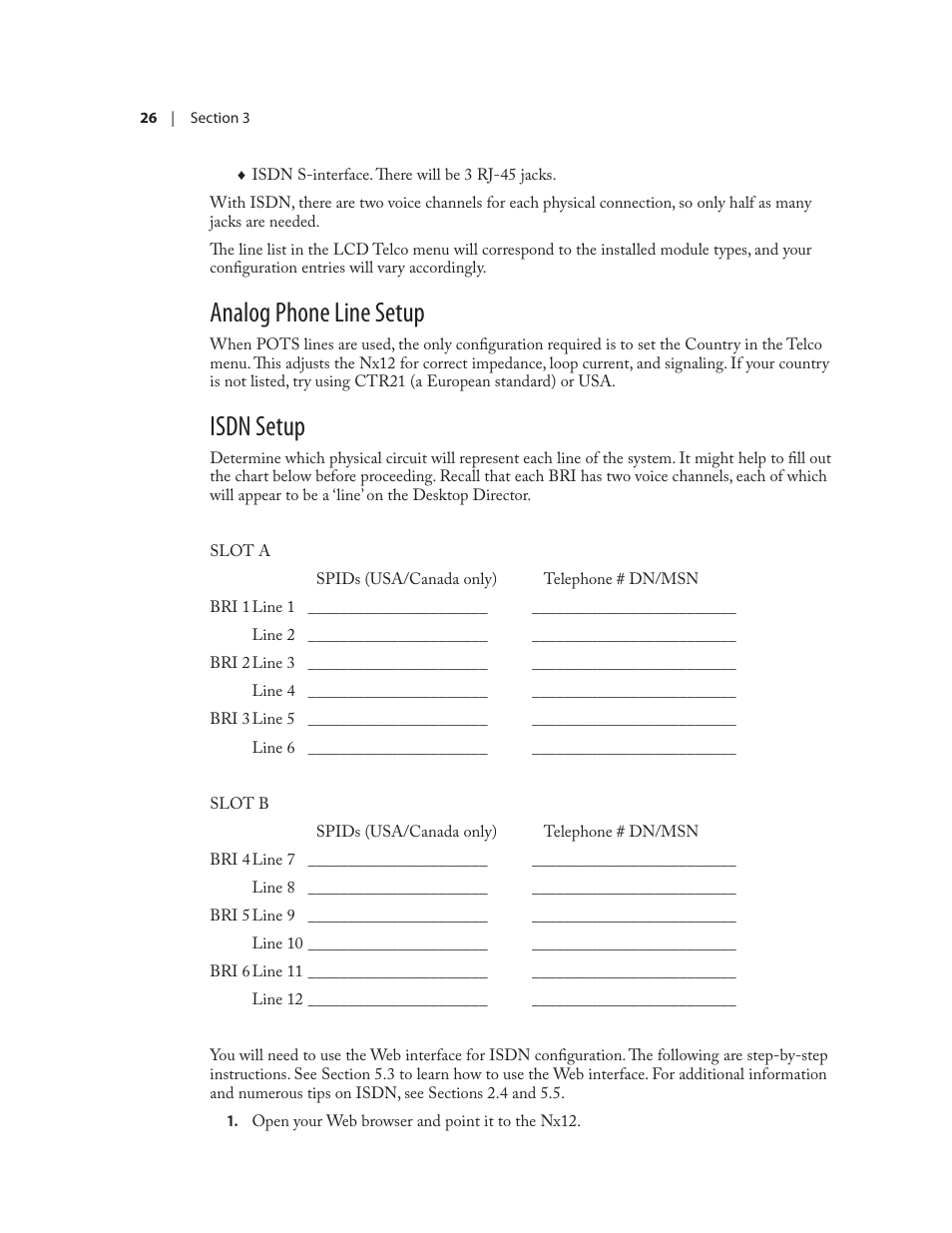 Analog phone line setup, Isdn setup | Telos NX12 User Manual | Page 36 / 133