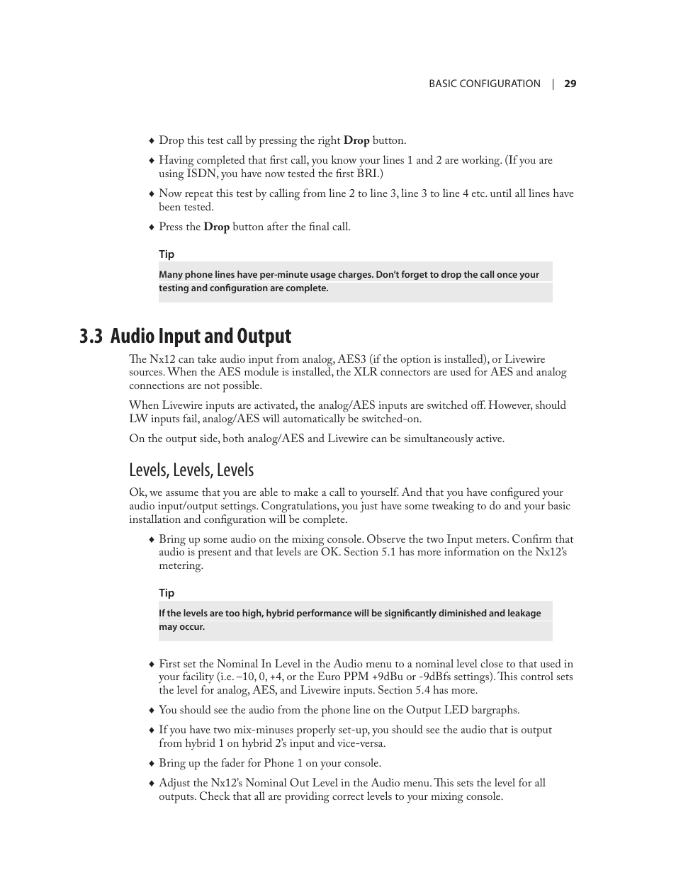 3 audio input and output, Levels, levels, levels | Telos NX12 User Manual | Page 39 / 133