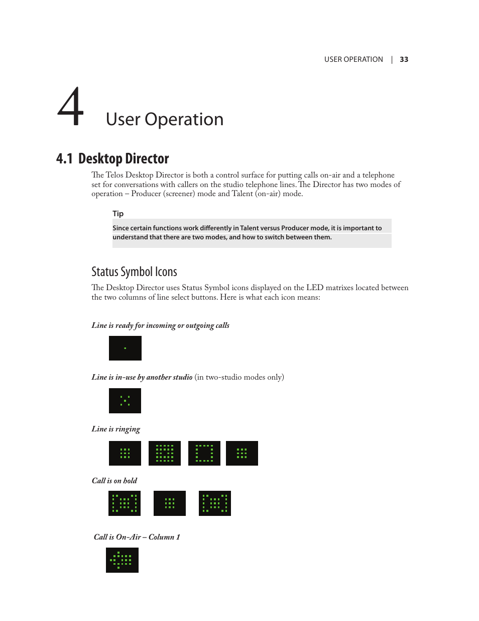 User operation, 1 desktop director, Status symbol icons | Telos NX12 User Manual | Page 43 / 133