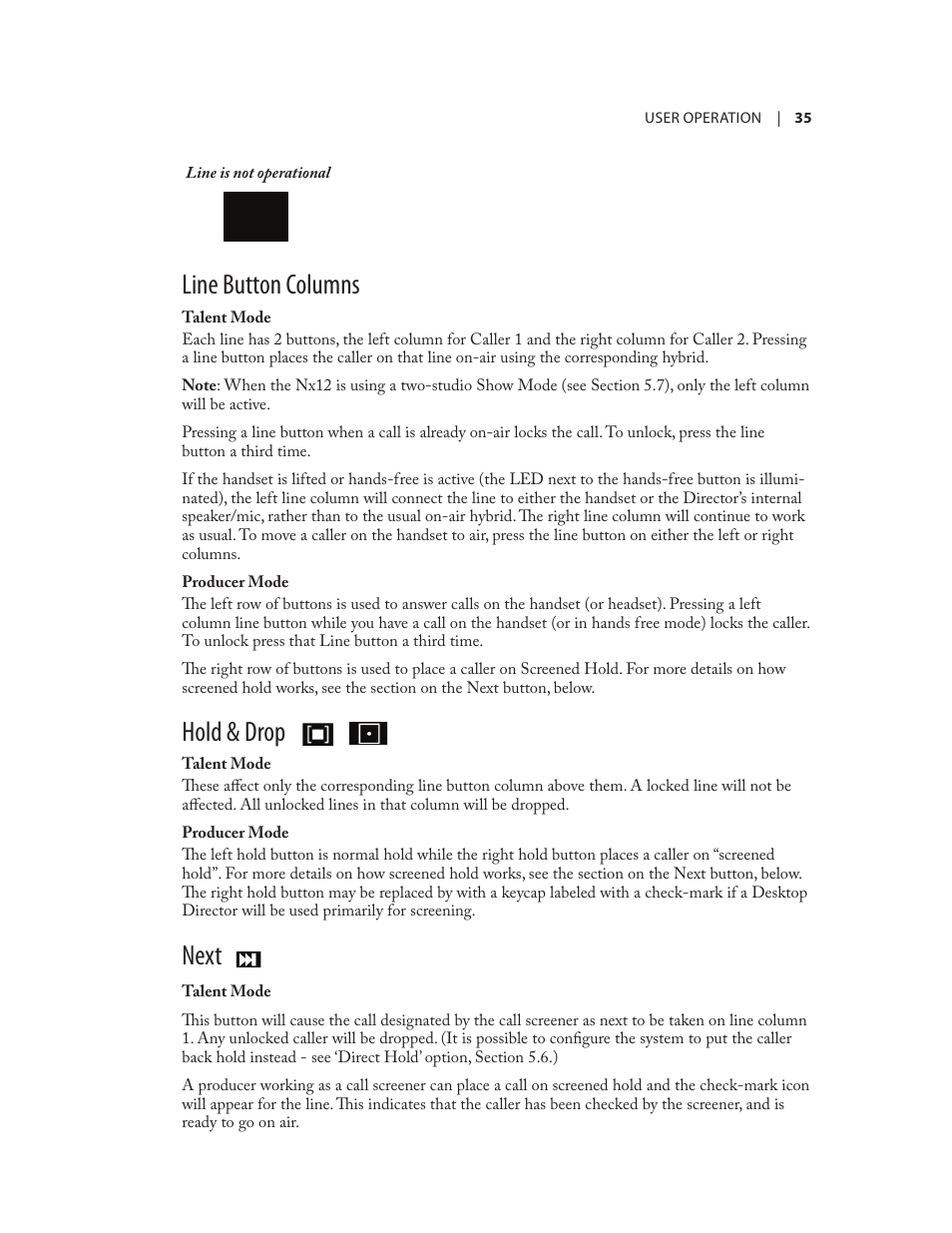Line button columns, Hold & drop, Next | Telos NX12 User Manual | Page 45 / 133