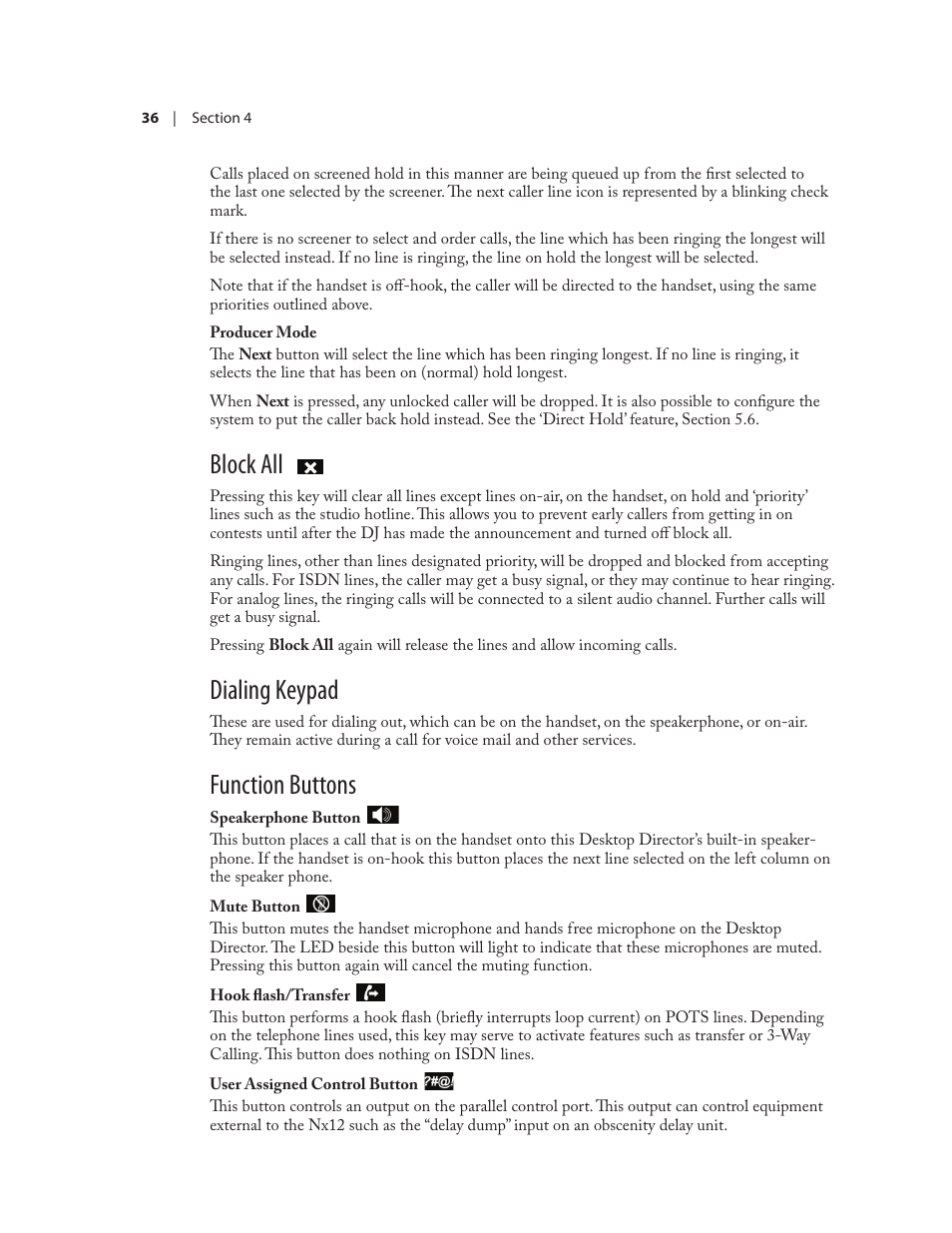 Block all, Dialing keypad, Function buttons | Telos NX12 User Manual | Page 46 / 133