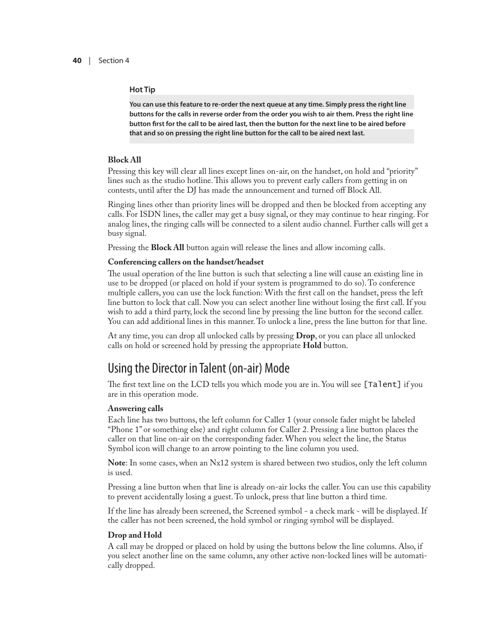 Using the director in talent (on-air) mode | Telos NX12 User Manual | Page 50 / 133