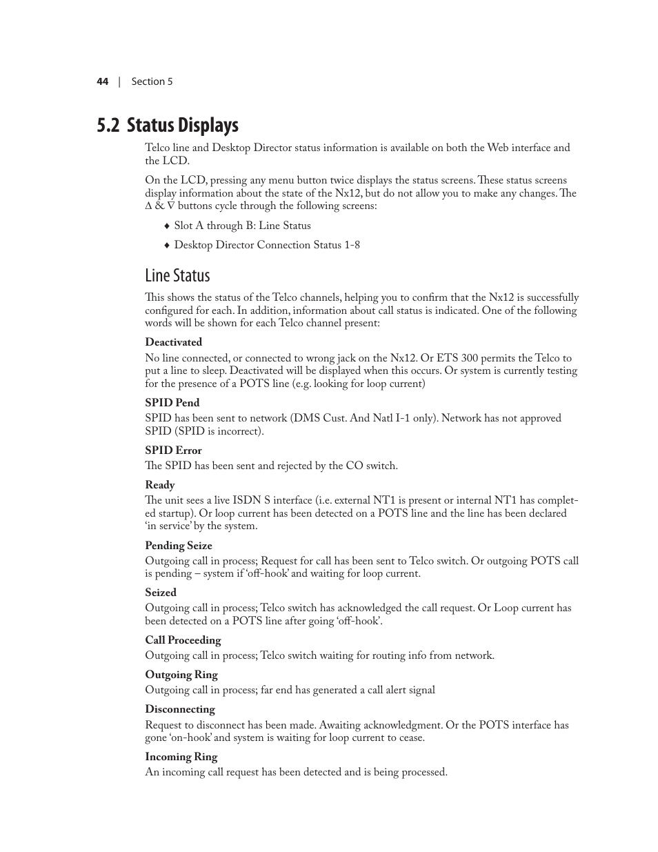 2 status displays, Line status | Telos NX12 User Manual | Page 54 / 133