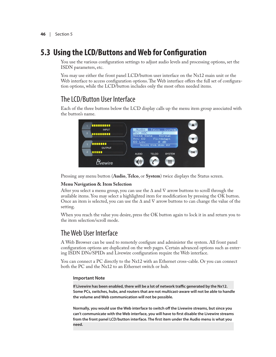 3 using the lcd/buttons and web for configuration, The lcd/button user interface, The web user interface | Telos NX12 User Manual | Page 56 / 133