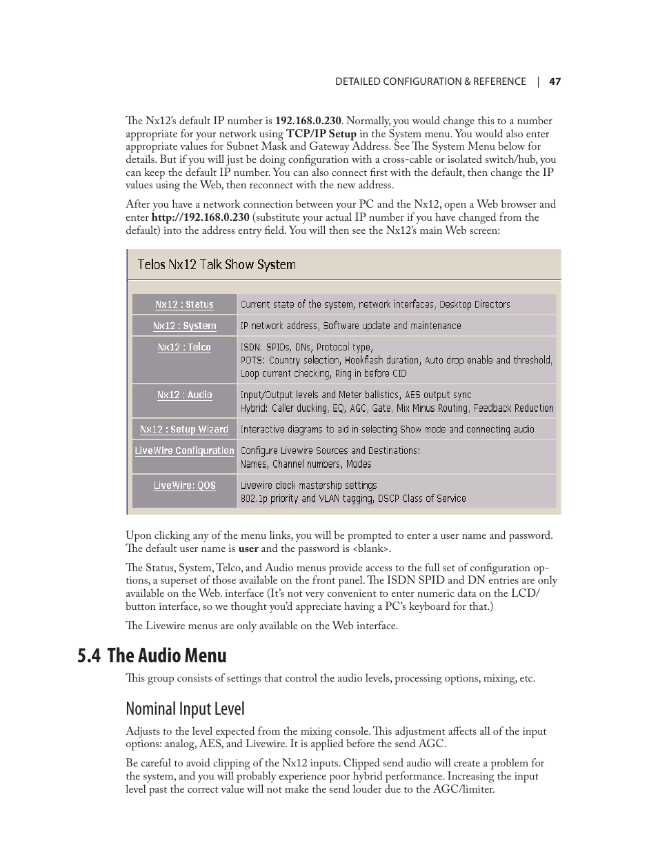 4 the audio menu, Nominal input level | Telos NX12 User Manual | Page 57 / 133