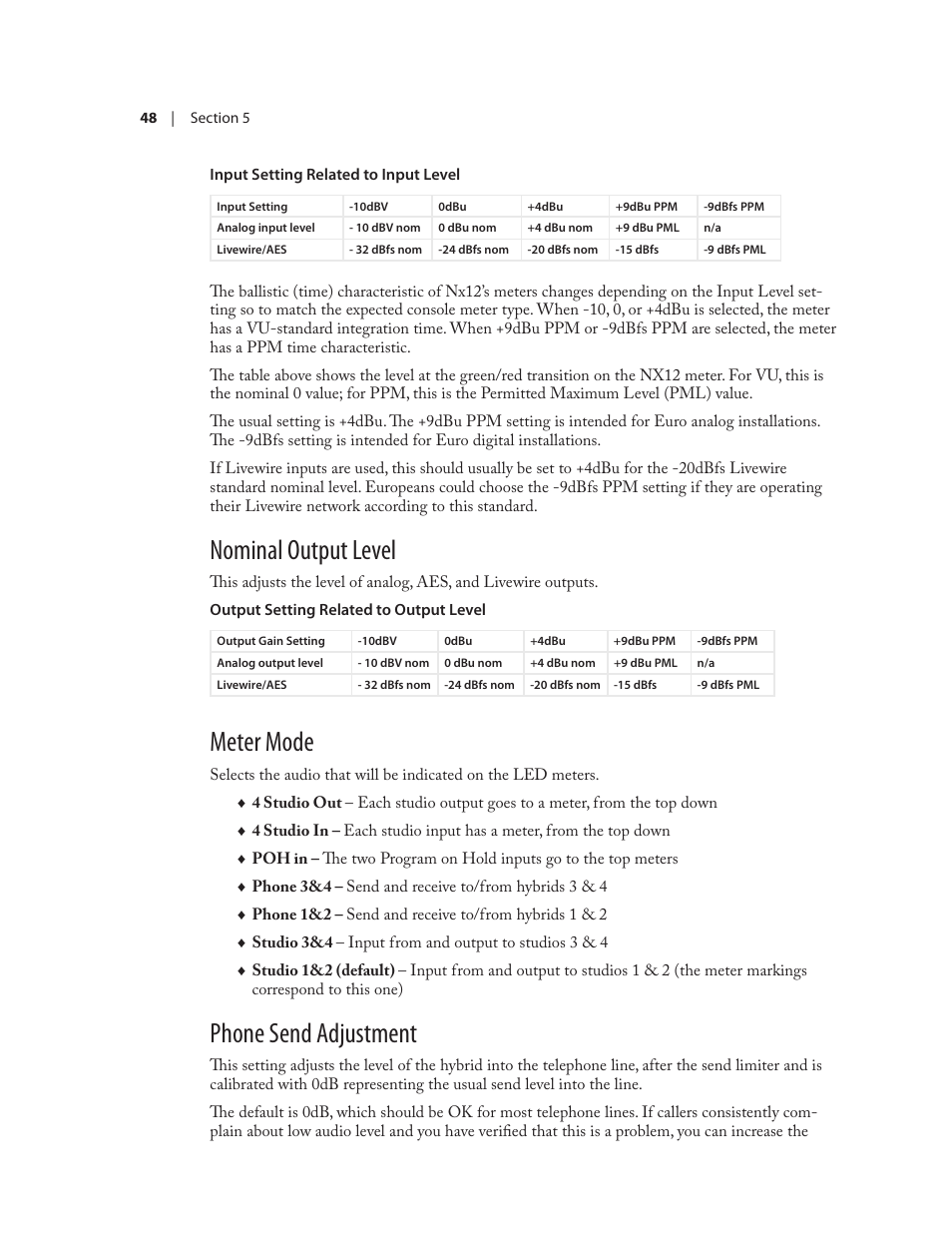 Nominal output level, Meter mode, Phone send adjustment | Telos NX12 User Manual | Page 58 / 133