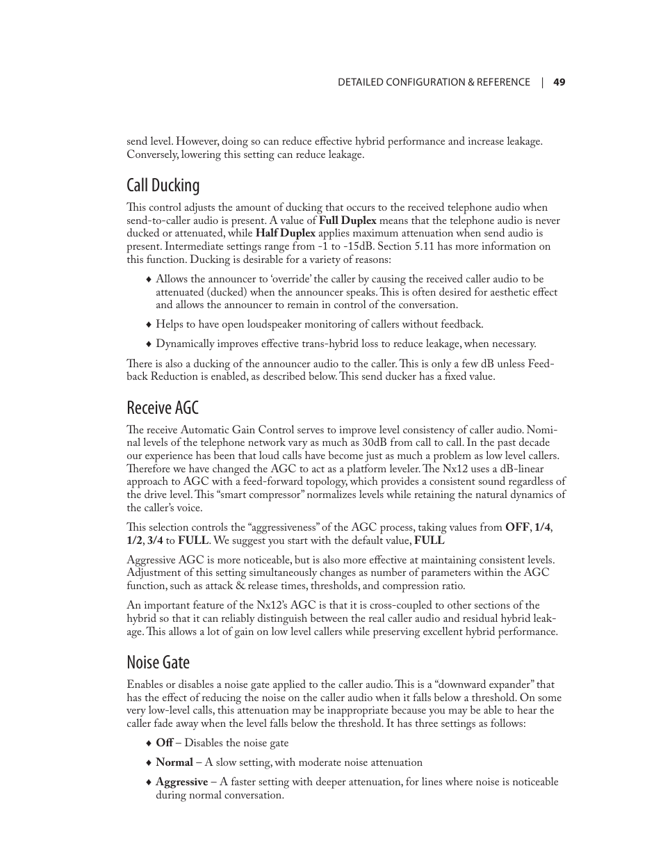 Call ducking, Receive agc, Noise gate | Telos NX12 User Manual | Page 59 / 133