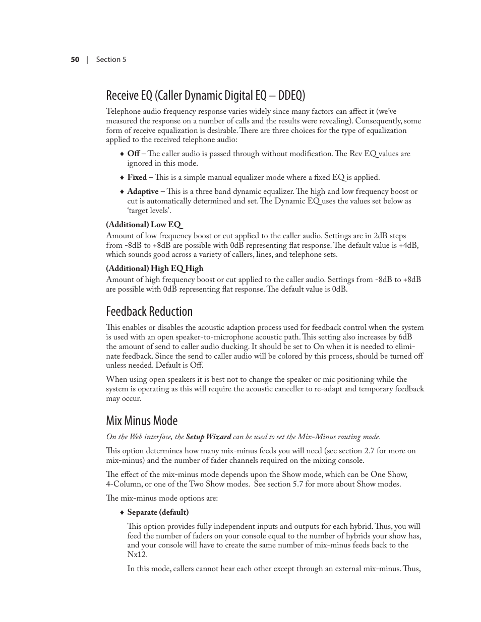 Receive eq (caller dynamic digital eq – ddeq), Feedback reduction, Mix minus mode | Telos NX12 User Manual | Page 60 / 133