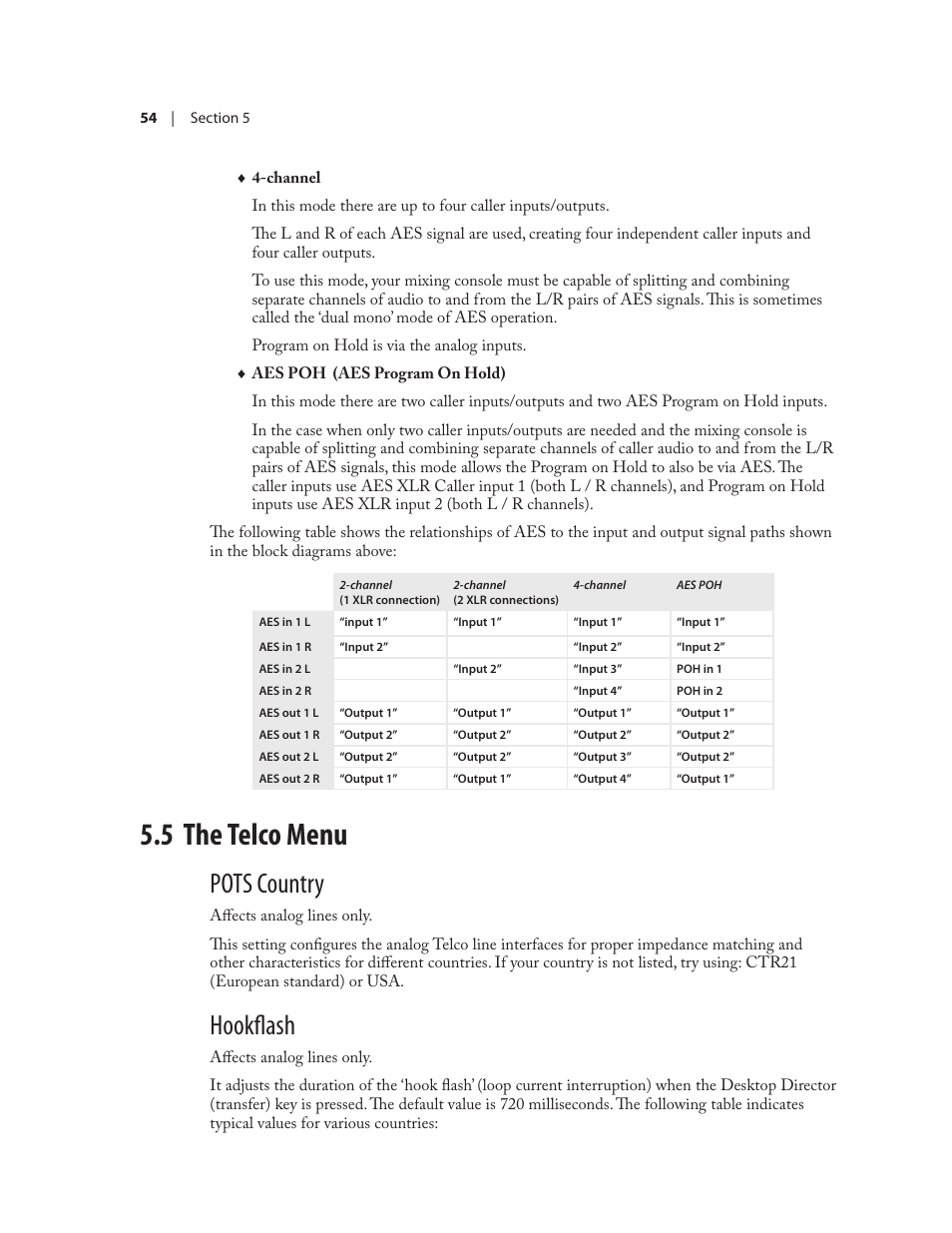 5 the telco menu, Pots country, Hookflash | Telos NX12 User Manual | Page 64 / 133