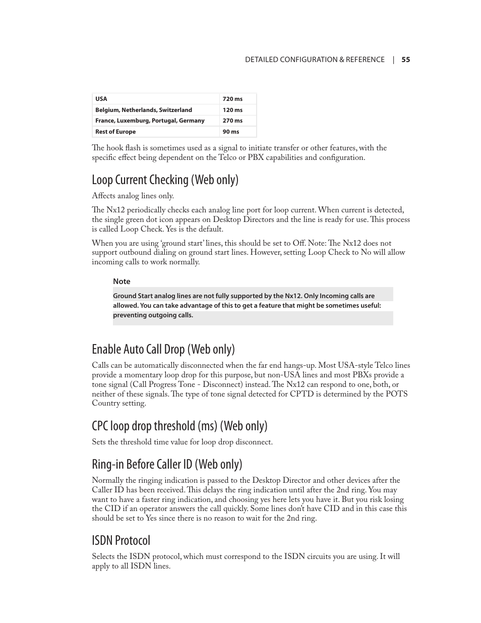 Loop current checking (web only), Enable auto call drop (web only), Cpc loop drop threshold (ms) (web only) | Ring-in before caller id (web only), Isdn protocol | Telos NX12 User Manual | Page 65 / 133
