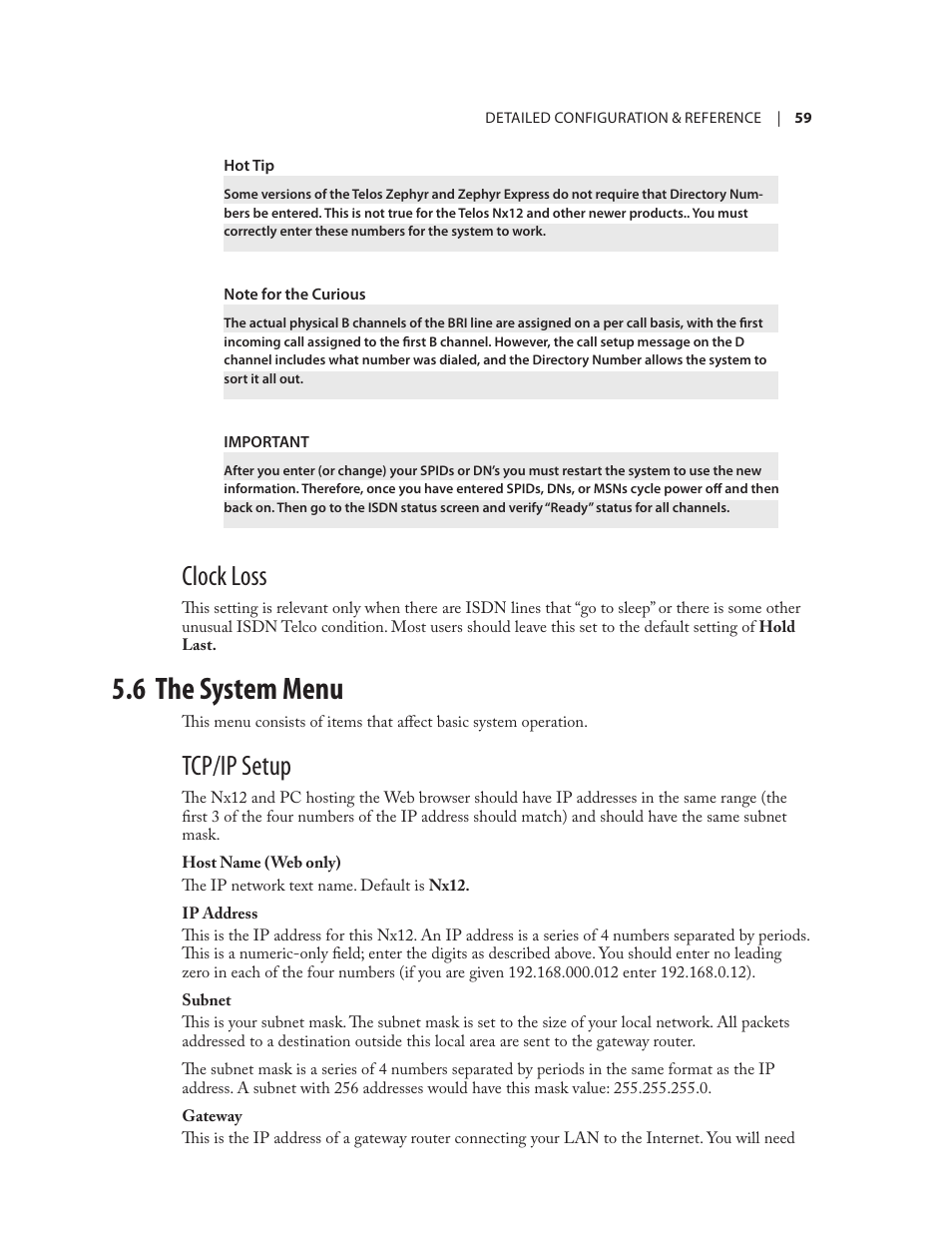 6 the system menu, Clock loss, Tcp/ip setup | Telos NX12 User Manual | Page 69 / 133