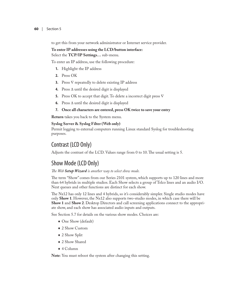 Contrast (lcd only), Show mode (lcd only) | Telos NX12 User Manual | Page 70 / 133