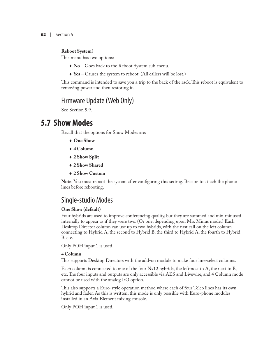 7 show modes, Firmware update (web only), Single-studio modes | Telos NX12 User Manual | Page 72 / 133