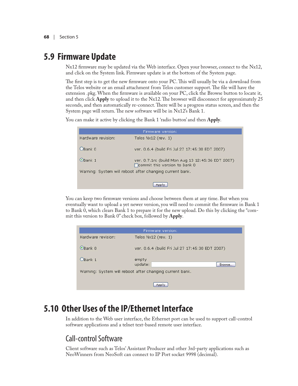 9 firmware update, 10 other uses of the ip/ethernet interface, Call-control software | Telos NX12 User Manual | Page 78 / 133