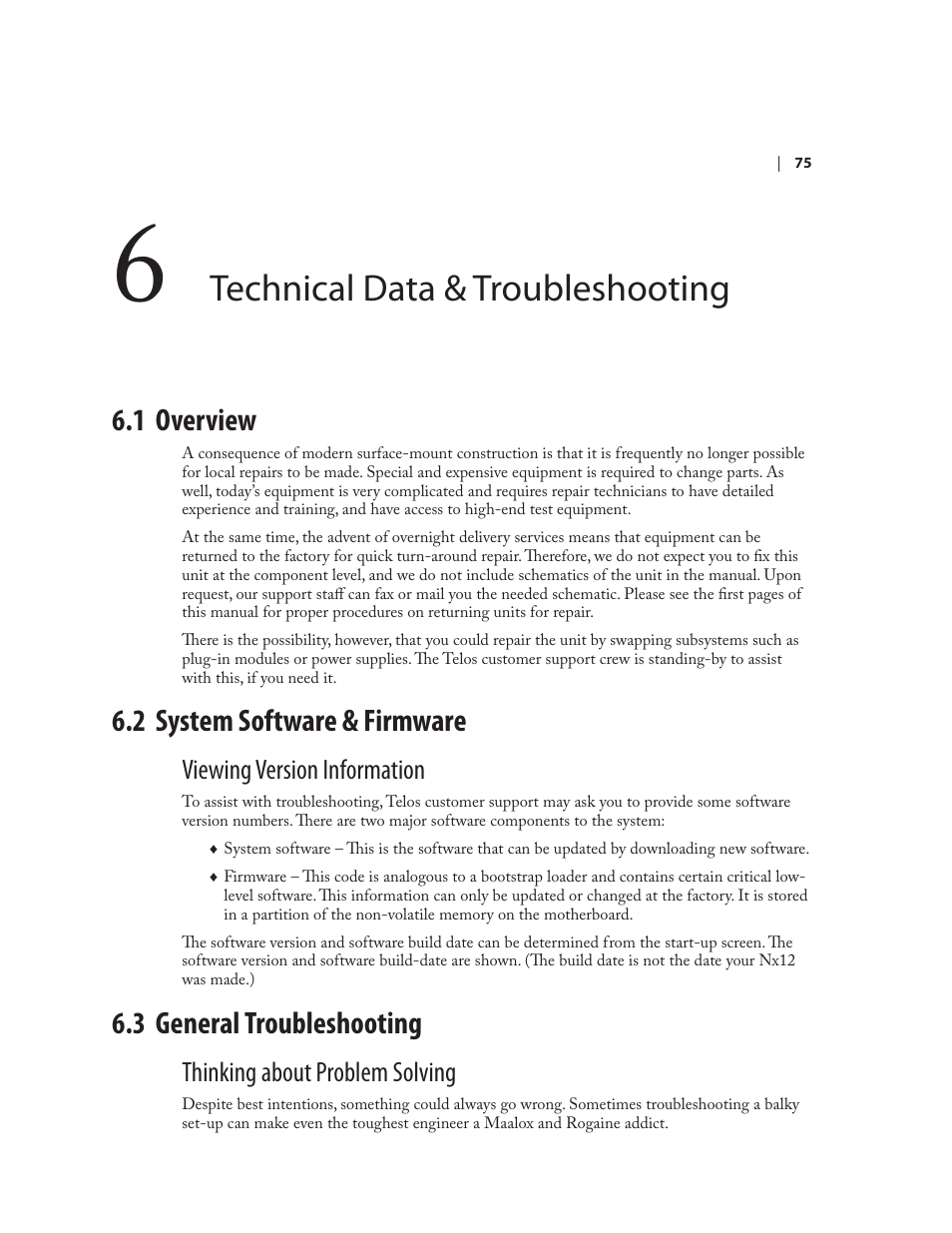 Technical data & troubleshooting, 1 overview, 2 system software & firmware | 3 general troubleshooting, Viewing version information, Thinking about problem solving | Telos NX12 User Manual | Page 85 / 133