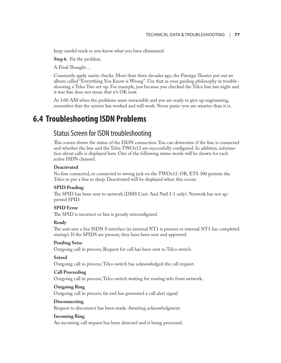 4 troubleshooting isdn problems, Status screen for isdn troubleshooting | Telos NX12 User Manual | Page 87 / 133