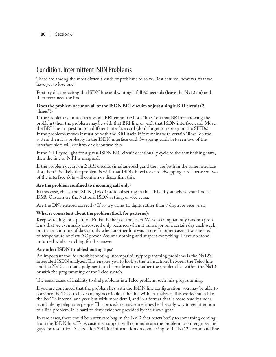 Condition: intermittent isdn problems | Telos NX12 User Manual | Page 90 / 133