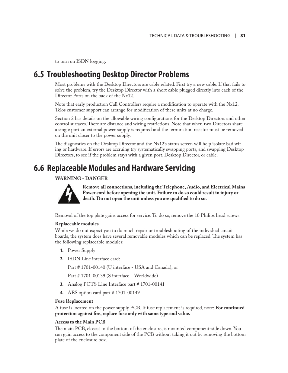 5 troubleshooting desktop director problems, 6 replaceable modules and hardware servicing | Telos NX12 User Manual | Page 91 / 133