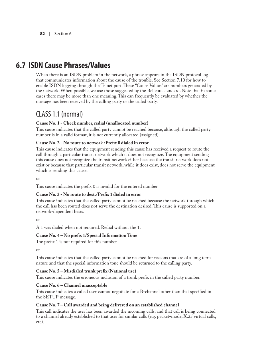 7 isdn cause phrases/values, Class 1.1 (normal) | Telos NX12 User Manual | Page 92 / 133