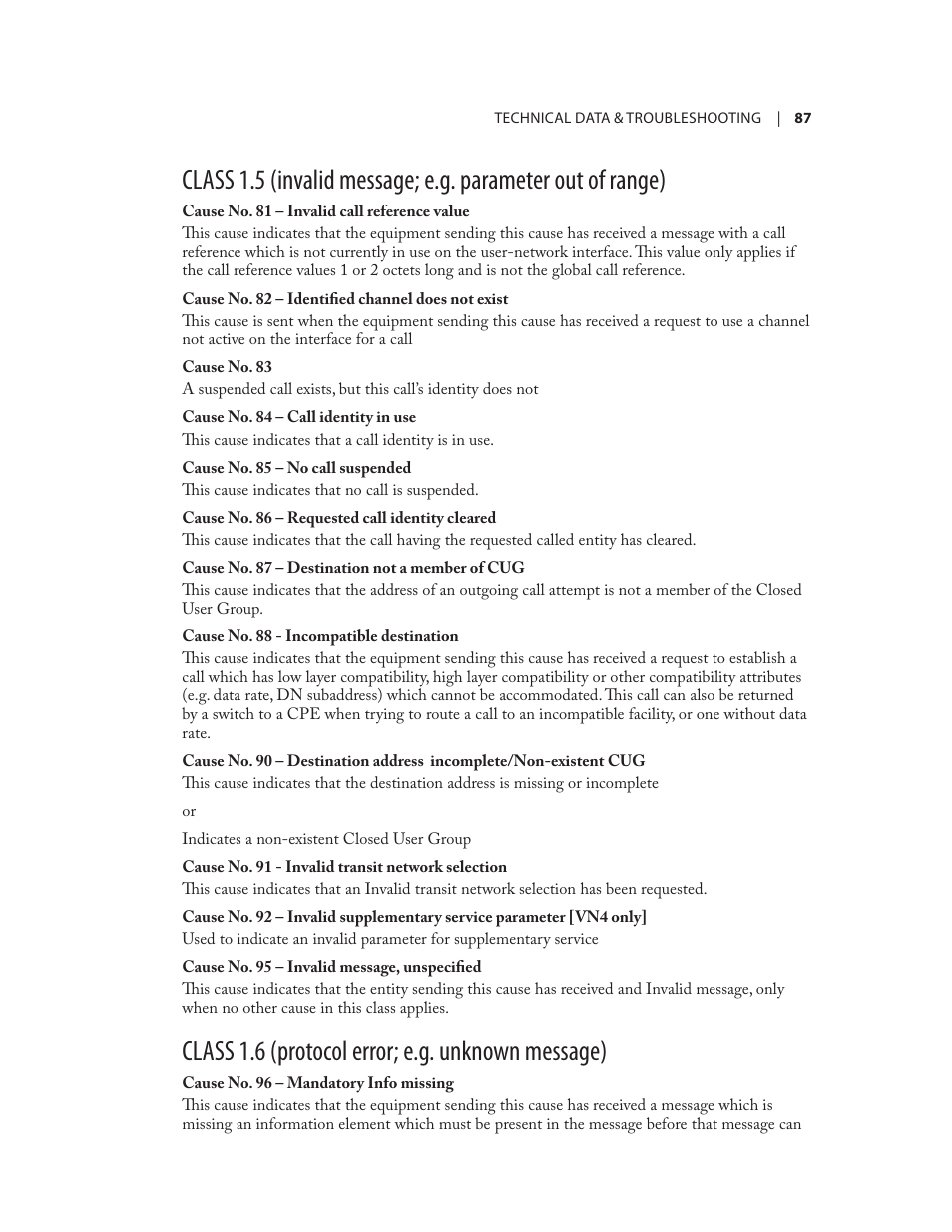 Class 1.6 (protocol error; e.g. unknown message) | Telos NX12 User Manual | Page 97 / 133