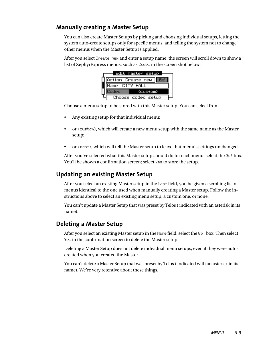 Manually creating a master setup, Updating an existing master setup, Deleting a master setup | Telos ZephyrExpress User Manual | Page 104 / 186