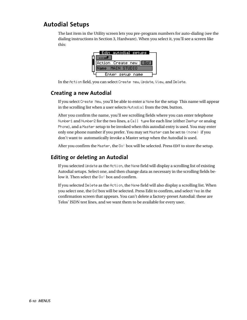 Autodial setups, Creating a new autodial, Editing or deleting an autodial | Telos ZephyrExpress User Manual | Page 105 / 186