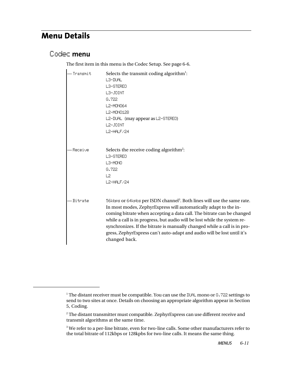 Menu details, Codec menu | Telos ZephyrExpress User Manual | Page 106 / 186