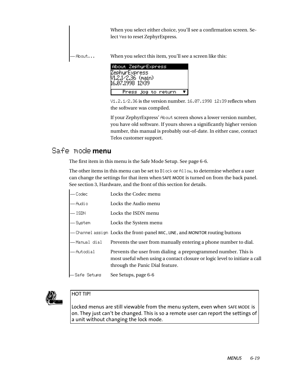 Safe mode menu | Telos ZephyrExpress User Manual | Page 114 / 186