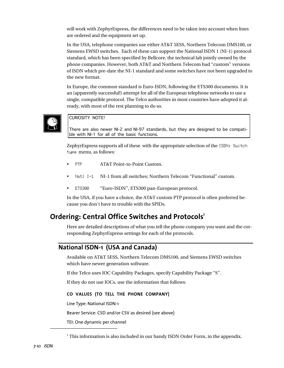 Ordering: central office switches and protocols, National isdn-1 (usa and canada) | Telos ZephyrExpress User Manual | Page 125 / 186