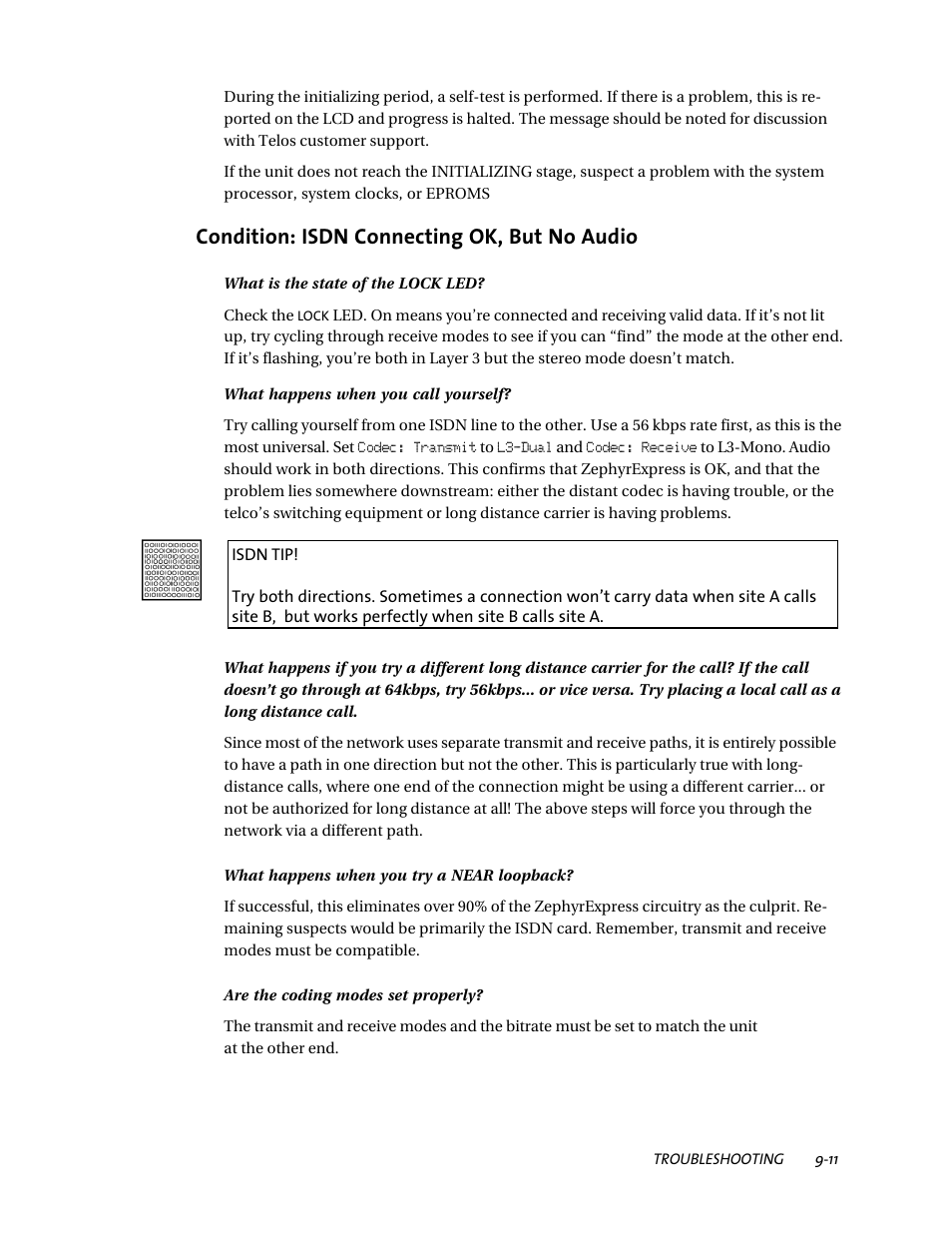 Condition: isdn connecting ok, but no audio | Telos ZephyrExpress User Manual | Page 153 / 186