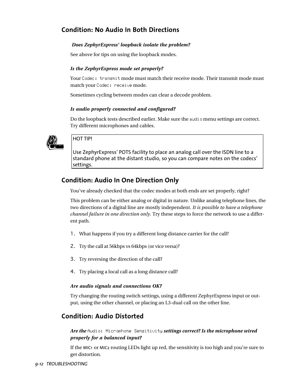 Condition: no audio in both directions, Condition: audio in one direction only, Condition: audio distorted | Telos ZephyrExpress User Manual | Page 154 / 186