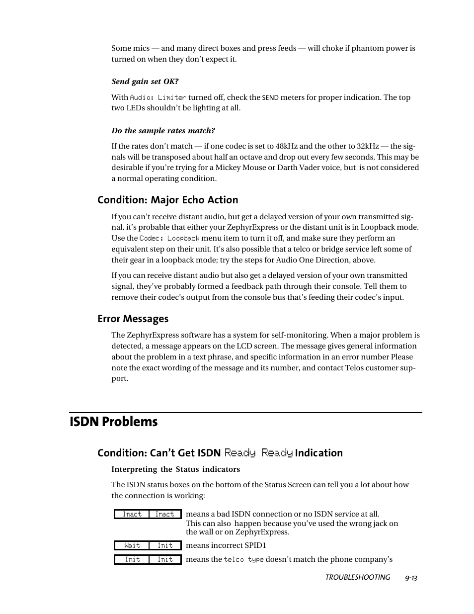 Isdn problems, Condition: major echo action, Error messages | Condition: can’t get isdn ready ready indication | Telos ZephyrExpress User Manual | Page 155 / 186