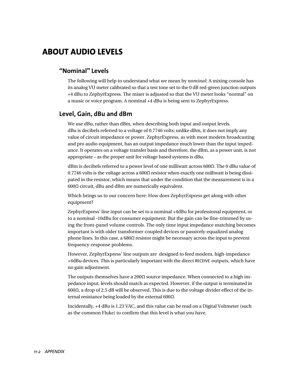 About audio levels, Nominal” levels, Level, gain, dbu and dbm | Telos ZephyrExpress User Manual | Page 169 / 186