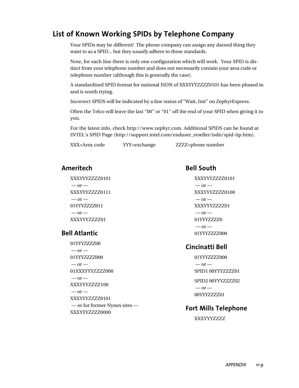 List of known working spids by telephone company, Ameritech, Bell atlantic | Bell south, Cincinatti bell, Fort mills telephone | Telos ZephyrExpress User Manual | Page 176 / 186