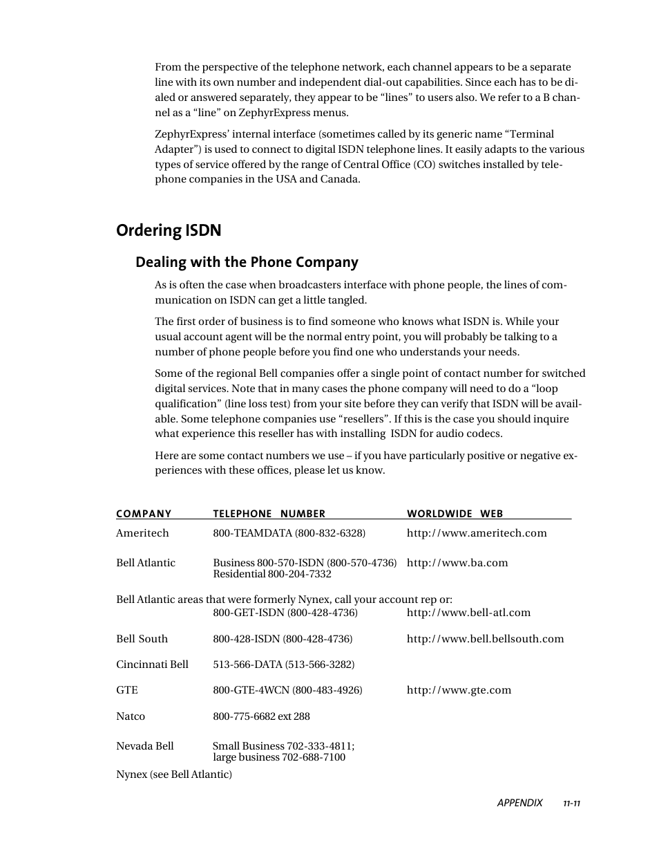 Ordering isdn, Dealing with the phone company | Telos ZephyrExpress User Manual | Page 178 / 186