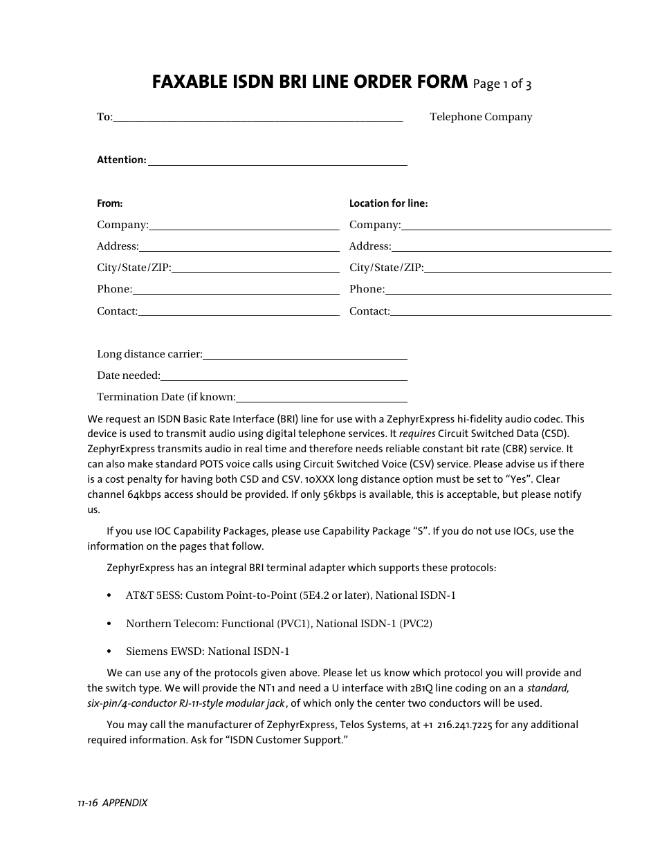 Faxable isdn bri line order form | Telos ZephyrExpress User Manual | Page 183 / 186