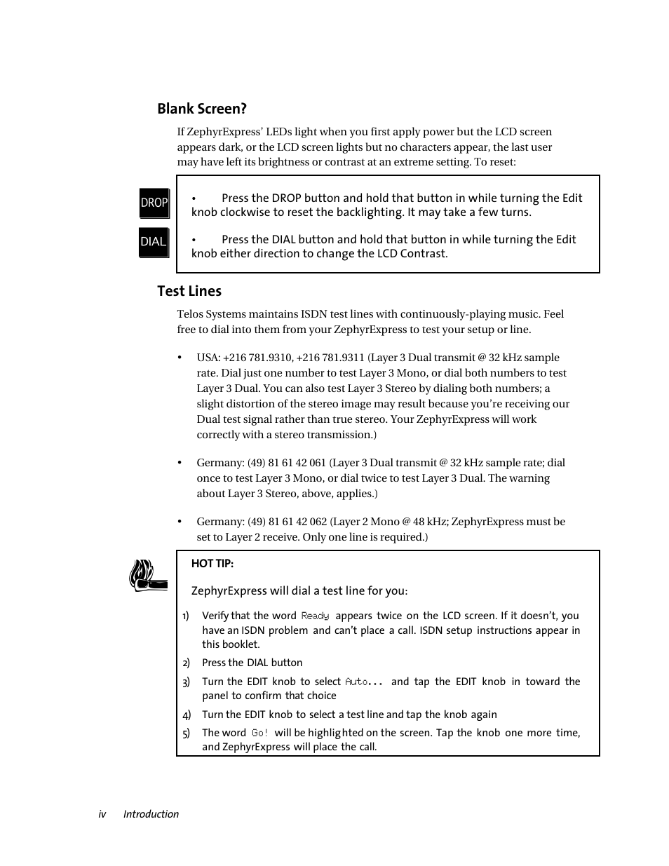Blank screen, Test lines | Telos ZephyrExpress User Manual | Page 4 / 186