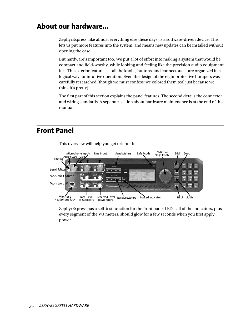 About our hardware, Front panel | Telos ZephyrExpress User Manual | Page 43 / 186